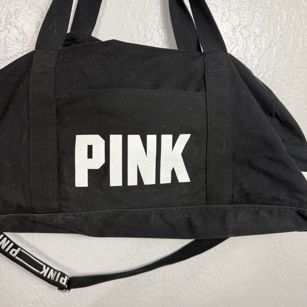 Victoria's Secret PINK Black Canvas Duffel Bag Logo Strap Weekend Gym Travel - Picture 3 of 9